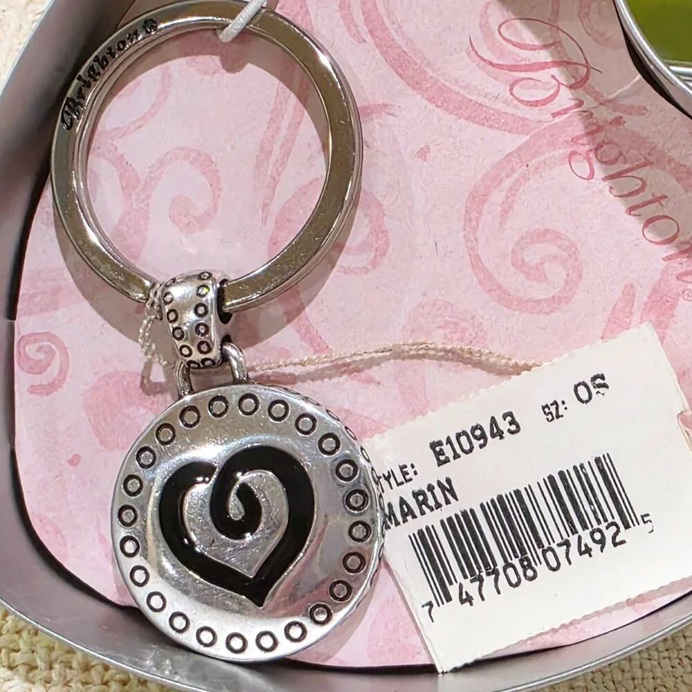 Vintage NOS Brighton Key Fob Keychain Round Heart Silver Marin w/ Heart Tin